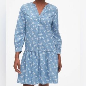 GAP drop waist long sleeve floral denim shift dress size 4